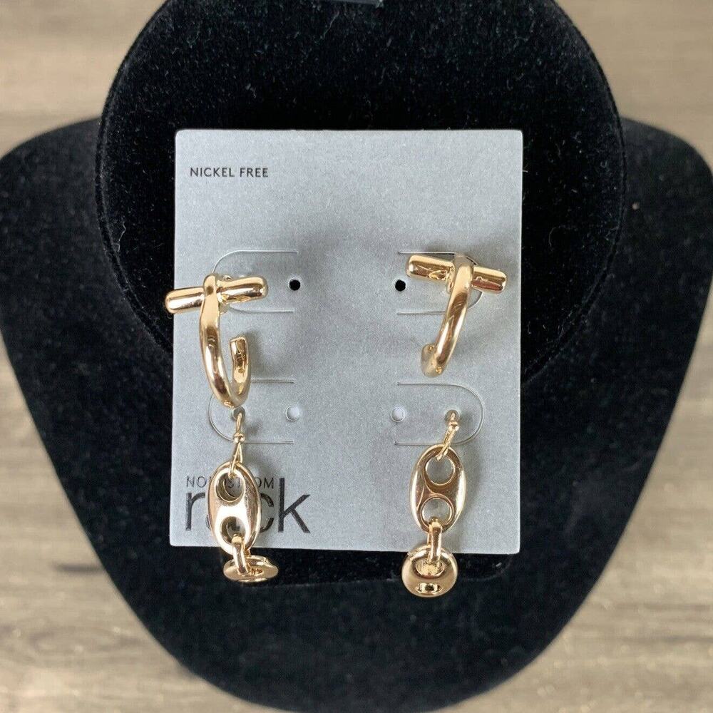 2 Pairs Nordstrom Rack Nickel Free Open Hoop Earrings Post Back Dangle Gold